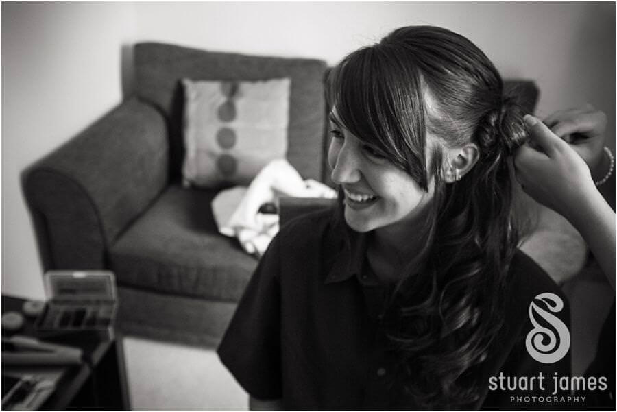 Relaxed unobtrusive photos at home of morning preparations before wedding at The Barns in Cannock by Stafford Wedding Photographer Stuart James