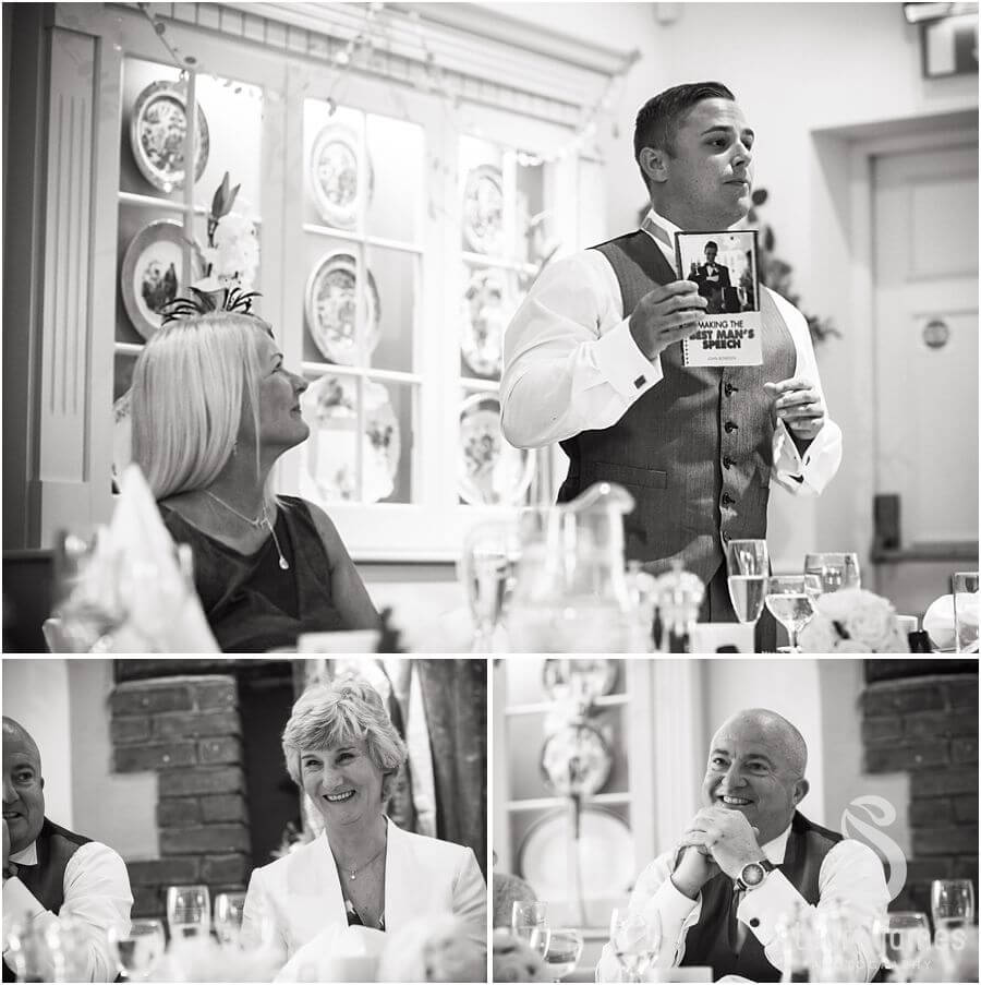 Fantastic photos of guests reactions to the best mans speech at The Barns in Cannock by Documentary Wedding Photographer Stuart James