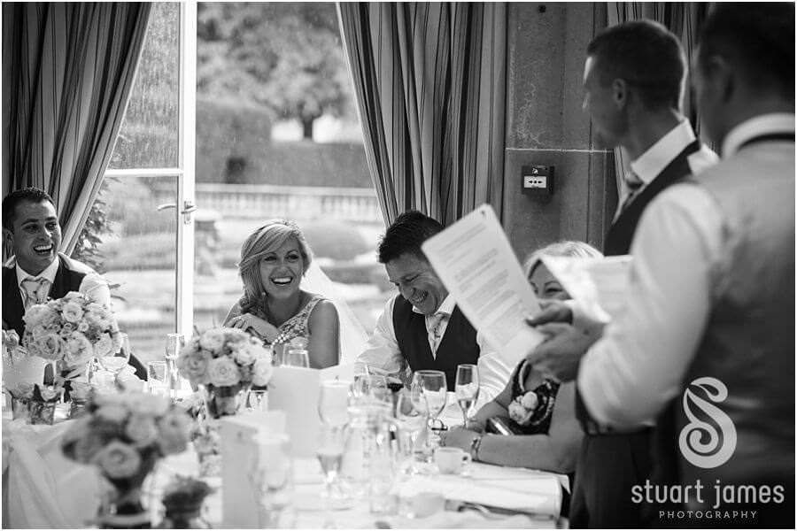 Amazing reactions captured during fabulous speech by best men at Weston Park in Staffordshire by Reportage Wedding Photographer Stuart James