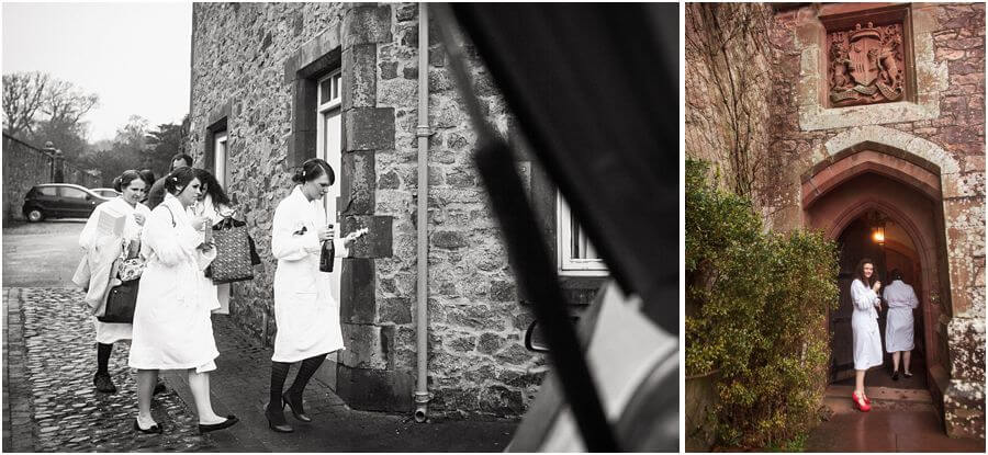 Bride photographed getting into her dress at Muncaster Castle in Cumbria by Documentary Wedding Photographer Stuart James