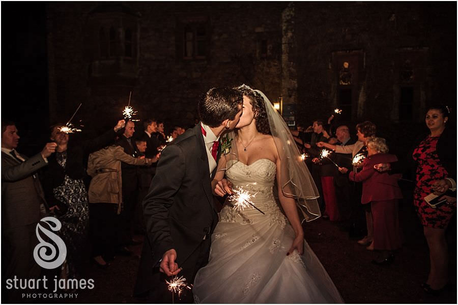 Sparklers exit of Bride and Groom at Muncaster Castle in Ravenglass by Cumbria Wedding Photographer Stuart James