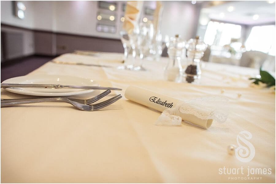 Beautiful details for wedding breakfast in Acton Suite at The Moat House in Acton Trussell by Cannock Wedding Photographer Stuart James