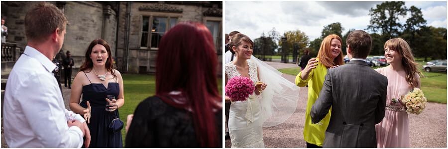 Candid wedding photographs of guests enjoying wedding at Sandon Hall near Stafford by Eccleshall Wedding Photographer Stuart James