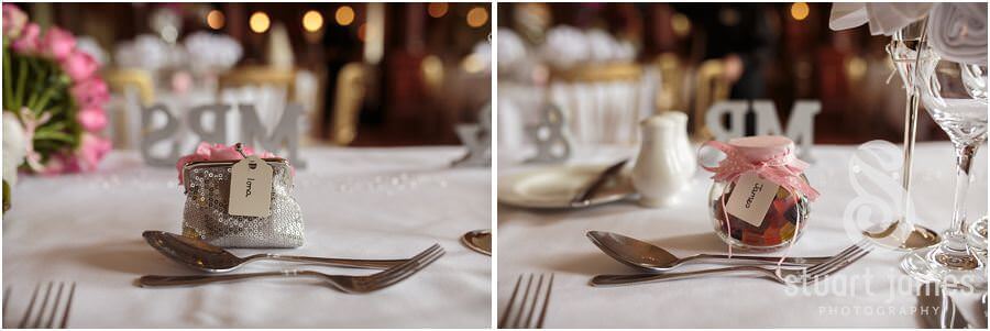 Beautiful wedding details adding the personal touch to the wedding breakfast setting at Sandon Hall near Stafford by Stafford Wedding Photographer Stuart James