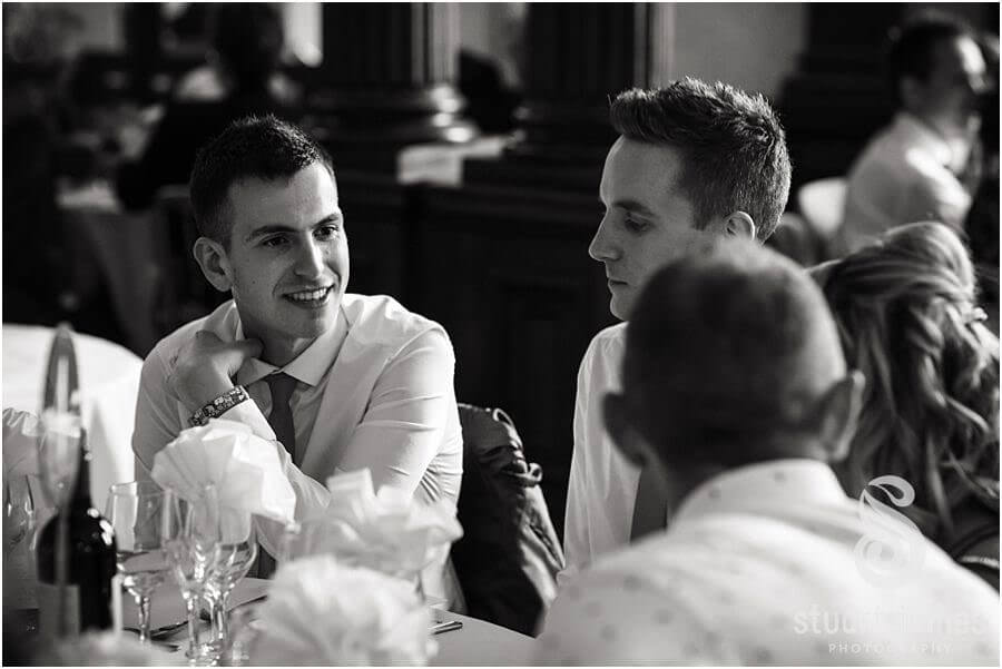 Candid photographs of the guests enjoying the wedding breakfast at Sandon Hall near Stafford by Stafford Wedding Photographer Stuart James