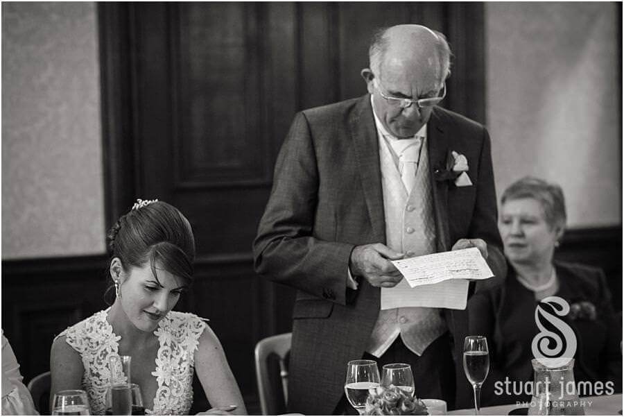 Photographs of the speeches and fabulous reactions of the guests and wedding party at Sandon Hall near Stafford by Stafford Wedding Photographer Stuart James