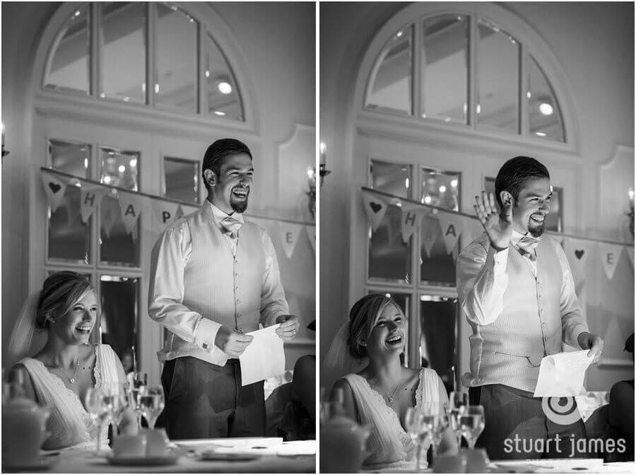Creative documentary photographs that capture the wedding speeches and fabulous guest reactions at Moor Hall near Sutton Coldfield by Sutton Coldfield Reportage Wedding Photographer Stuart James