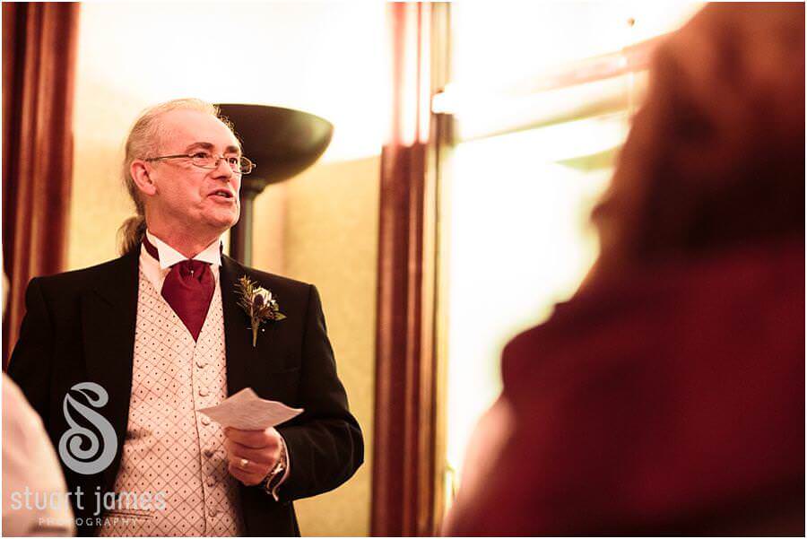 Reportage style photos of wedding speeches and the fabulous reactions at Sandon Hall in Stafford by Stafford Candid Wedding Photographer Stuart James