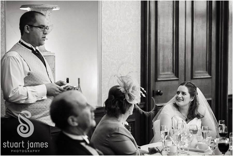 Wedding speeches captured in reportage photos at Sandon Hall in Stafford by Stafford Candid Wedding Photographer Stuart James