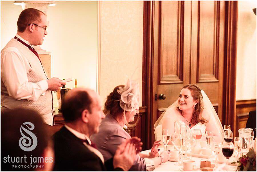 Reportage style photos of wedding speeches and the fabulous reactions at Sandon Hall in Stafford by Stafford Candid Wedding Photographer Stuart James