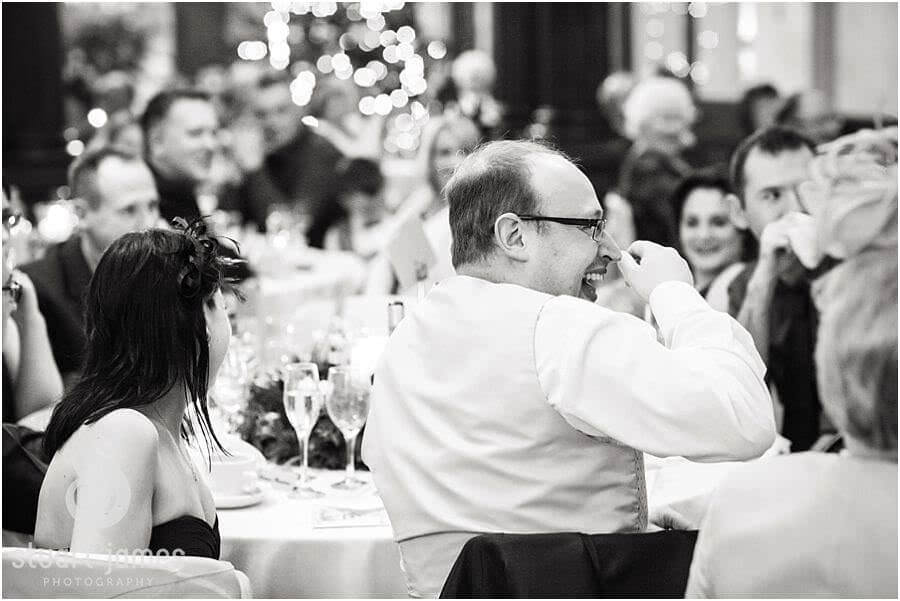 Capturing the magic of the wedding speeches with reportage photographs at Sandon Hall in Stafford by Stafford Candid Wedding Photographer Stuart James