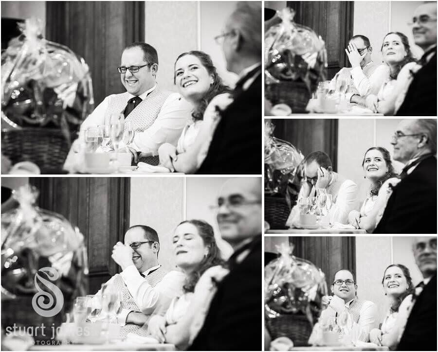 Reportage style photos of wedding speeches and the fabulous reactions at Sandon Hall in Stafford by Stafford Candid Wedding Photographer Stuart James
