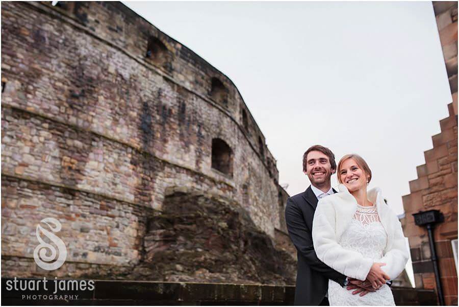 Intimate portraits of the bride and groom on the roof terrace of the Gate House Suite at Edinburgh Castle in Edinburgh by Edinburgh Documentary Wedding Photographer Stuart James