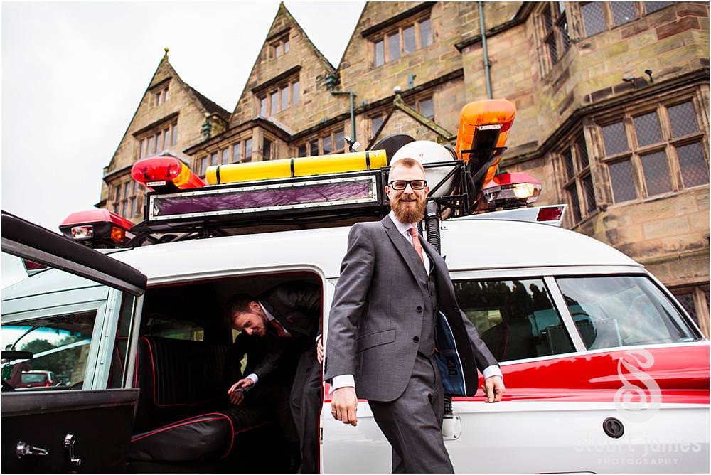 Ghostbusters wedding transport at Weston Hall in Stafford by Documentary Wedding Photographer Stuart James