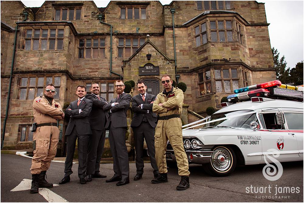 Ghostbusters wedding transport at Weston Hall in Stafford by Documentary Wedding Photographer Stuart James