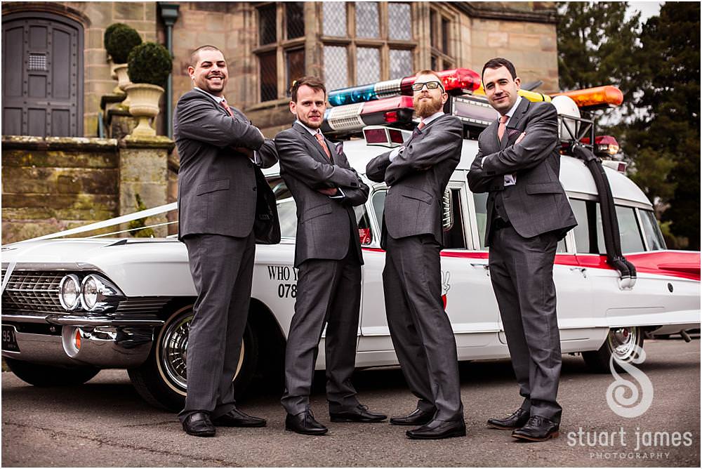 Ghostbusters wedding transport at Weston Hall in Stafford by Documentary Wedding Photographer Stuart James
