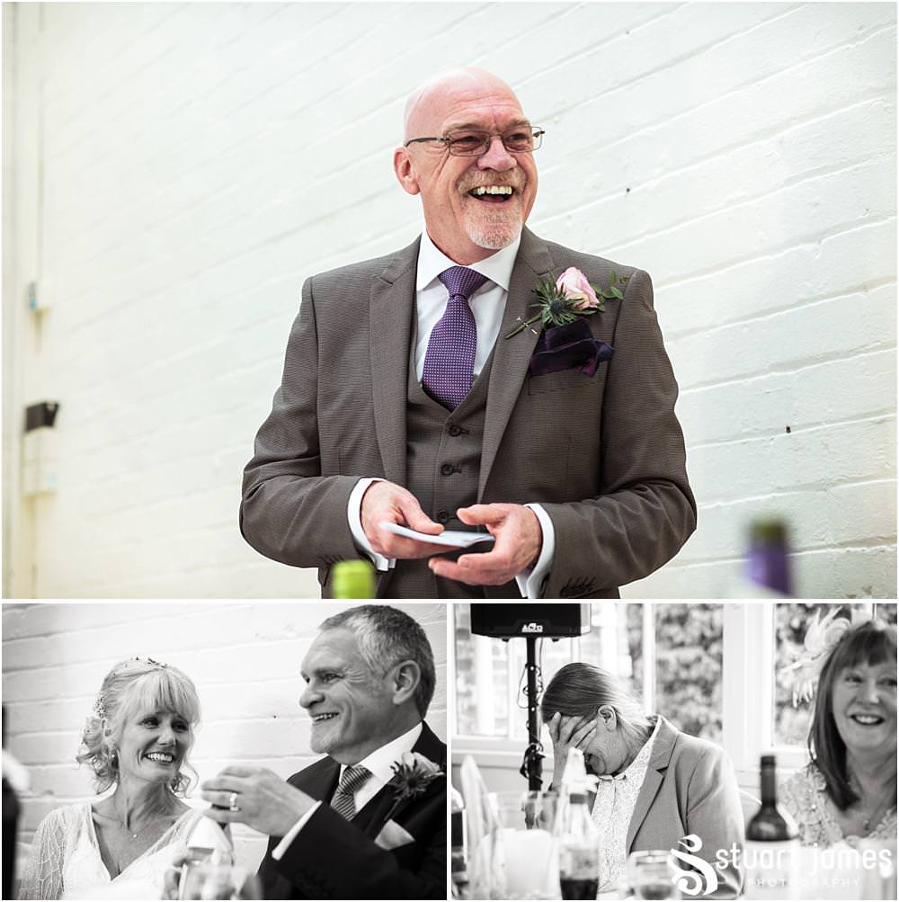 Documentary wedding photography that captures the reactions, the stories and the people during the emotional wedding speeches in the Garden Room at Shugborough