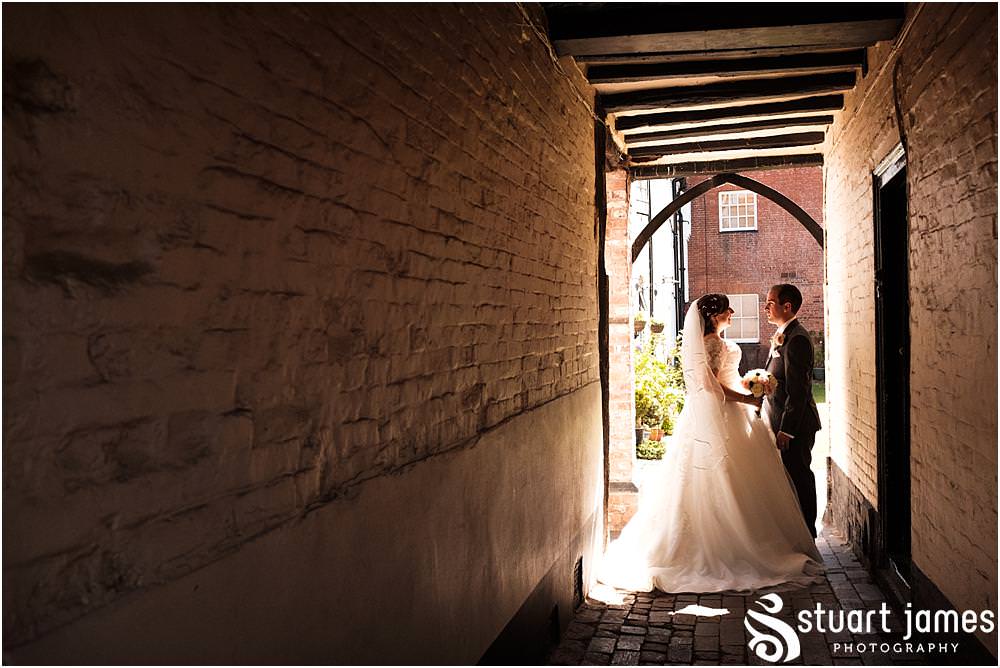 Elegant portraits of the bride and groom in the wonderful setting of Vicars Close at Erasmus Darwin House in Lichfield by Lichfield Wedding Photographer Stuart James