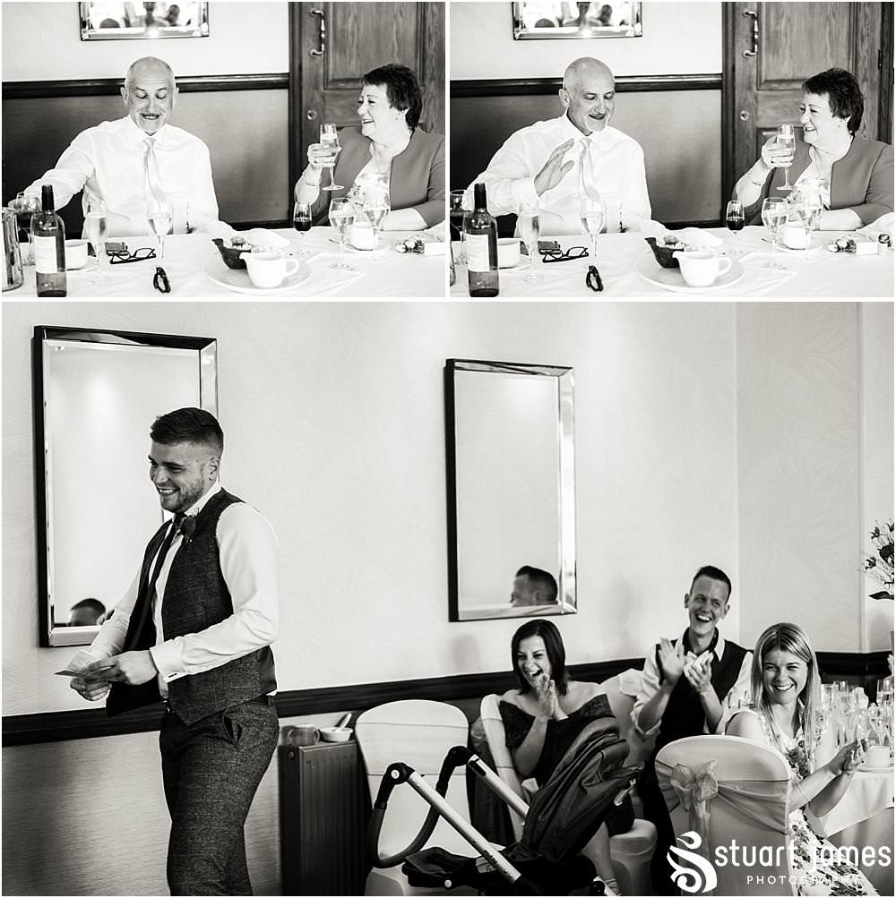 Photos that show the speeches and reactions to the fabulous Best Mans speeches at The Moat House in Acton Trussell by Documentary Wedding Photographer Stuart James