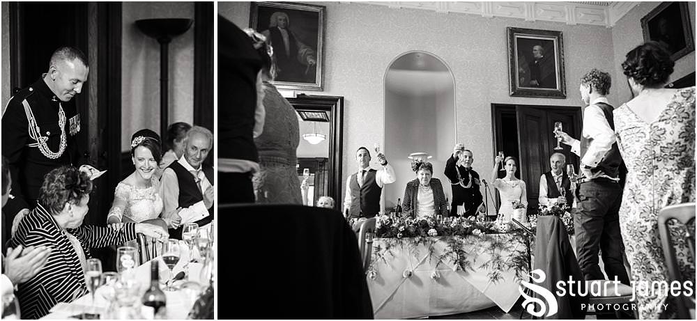Creative wedding photographs of the Grooms speech and wonderful guest reactions at Sandon in Staffordshire by Documentary Wedding Photographer Stuart James