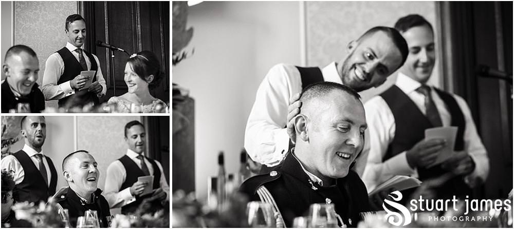 Reportage photographs of the Best Mans speech at Sandon in Staffordshire by Documentary Wedding Photographer Stuart James, showing the wonderful reaction of the guests