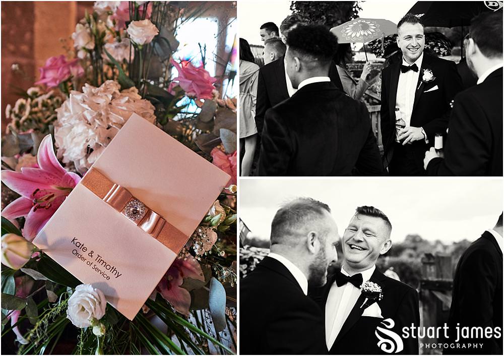 Candid photographs of the groomsmen greeting the guests at St James Church in Acton Trussell by Documentary Wedding Photographer Stuart James