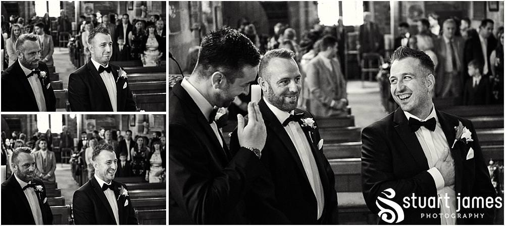 Capturing the emotion and nerves on the face of the waiting groom at St James Church in Acton Trussell by Documentary Wedding Photographer Stuart James