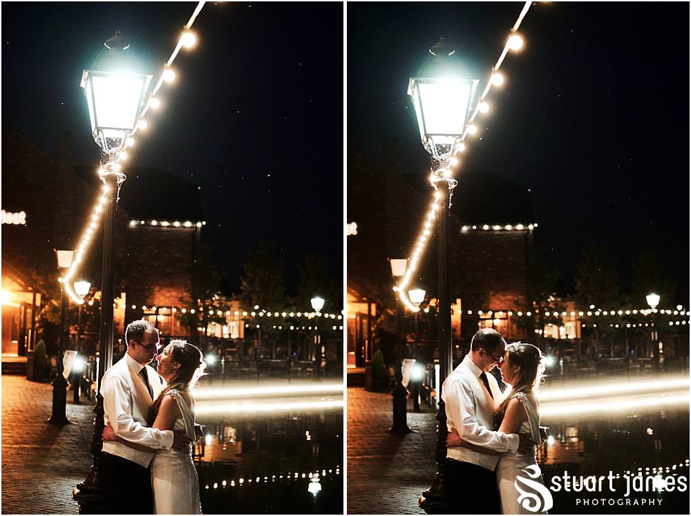 Stunning nighttime portraits of the Bride and Groom at the Waterfront at The Crows Nest at Barton Marina by Documentary Wedding Photographer Stuart James