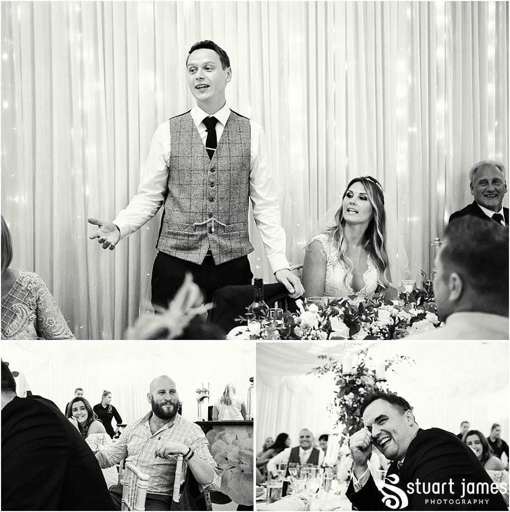 Capturing the Grooms speech and the reaction from the guests at Bishton Hall in Stafford by Documentary Wedding Photographer Stuart James
