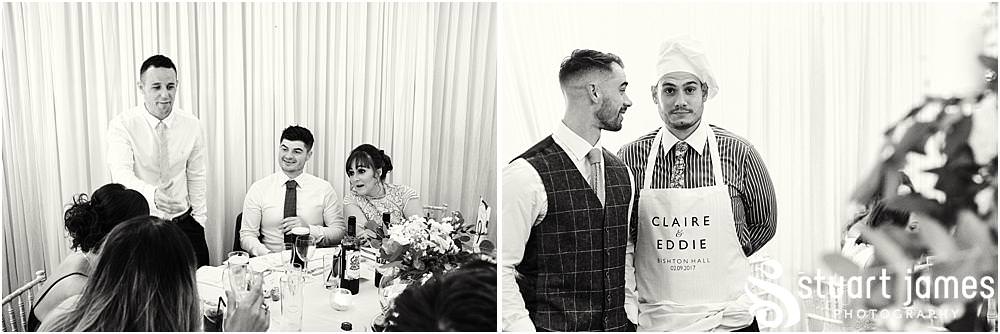 Candid photographs capturing the fabulous wedding breakfast at Bishton Hall in Stafford by Documentary Wedding Photographer Stuart James