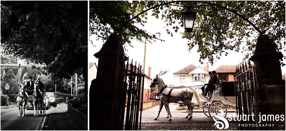 Beautiful photographs of the brides journey to church with Horse and Carriage at St Marks Church Great Wyrley in Walsall by Documentary Wedding Photographer Stuart James