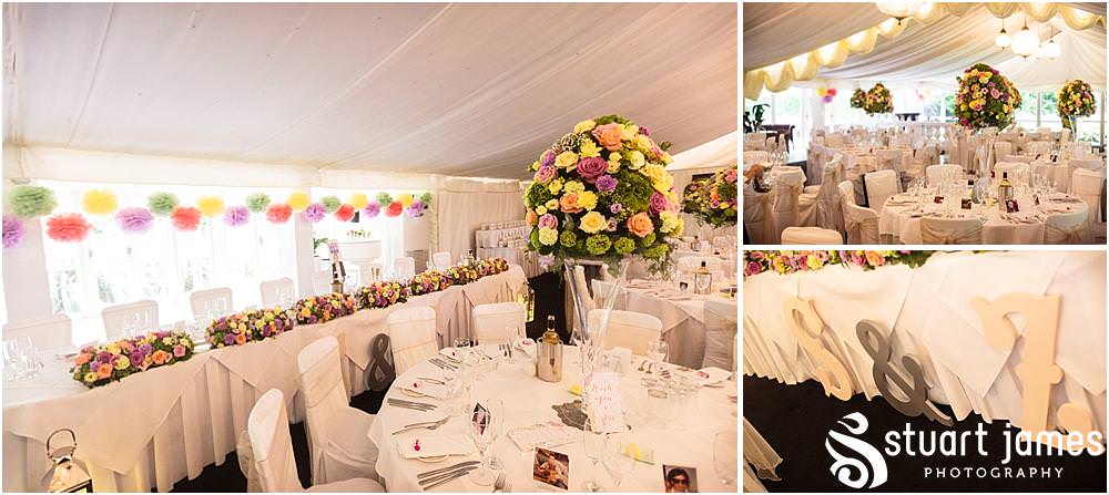 Such amazing and colourful styling of the marquee for the wedding breakfast at Moxhull Hall in Sutton Coldfield by Moxhull Hall Wedding Photographers Stuart James