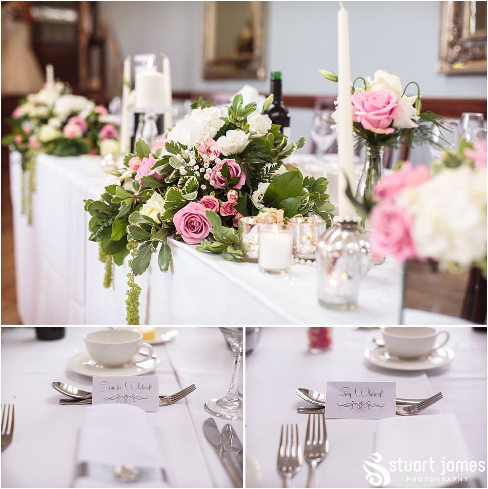 The styling of the wedding breakfast room was simply stunning with amazing floral displays from Entwined Florist at Pendrell Hall with Pendrell Hall Wedding Photography by Stuart James