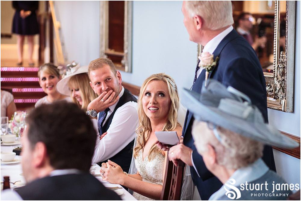 Photos that show the emotion and laughter from the Father of the Bride's speech to open the wedding breakfast at Pendrell Hall with Pendrell Hall Wedding Photography by Stuart James