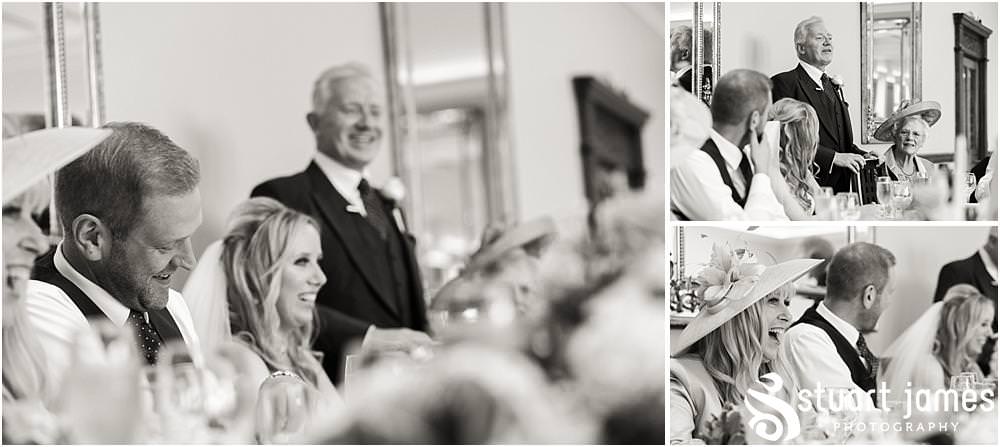 Photos that show the emotion and laughter from the Father of the Bride's speech to open the wedding breakfast at Pendrell Hall with Pendrell Hall Wedding Photography by Stuart James