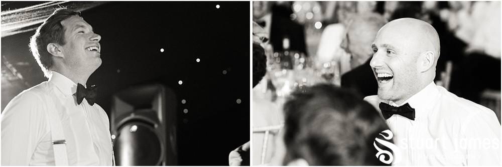 Creative candid photographs capturing the fabulous reactions to the wedding speeches at Davenport House in Shropshire by Davenport House Wedding Photographers Stuart James