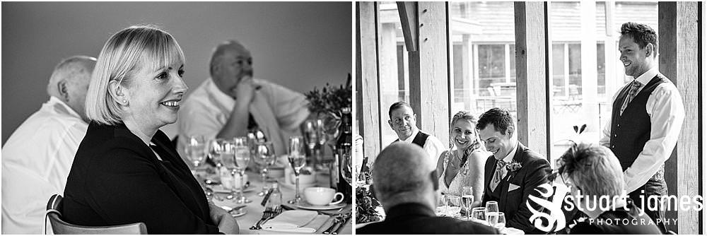 So many laughs for the guests as the Best Man regaled past stories for the groom during the wedding breakfast speeches at The Mill Barns in Alveley by Mill Barns Wedding Photographers Stuart James
