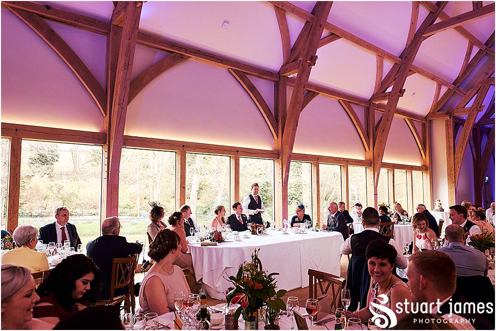 So many laughs for the guests as the Best Man regaled past stories for the groom during the wedding breakfast speeches at The Mill Barns in Alveley by Mill Barns Wedding Photographers Stuart James