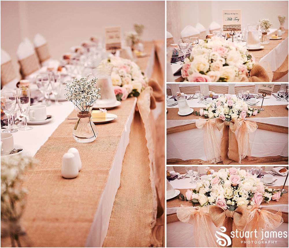 Beautiful styling and decoration for the wedding breakfast by Make My Wedding Special at Hawkesyard Estate in Rugeley by Documentary Wedding Photographer Stuart James