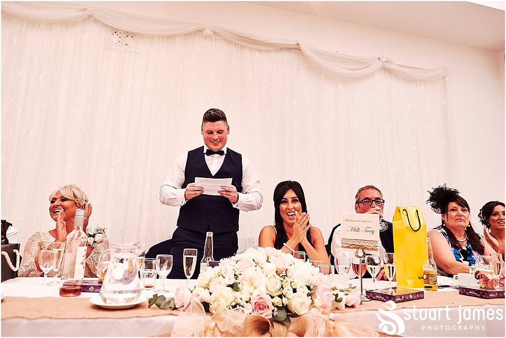 Amazing reactions to the speeches, full of emotion and amusement with fabulous moments captured at Hawkesyard Estate in Rugeley by Documentary Wedding Photographer Stuart James