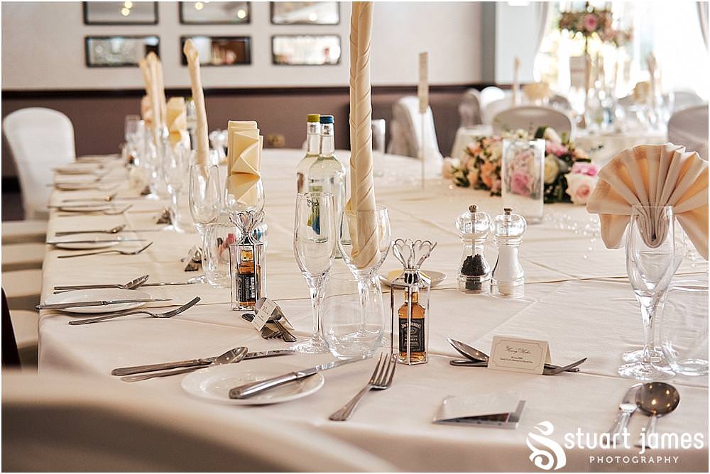 Beautiful decor for the wedding breakfast in the Acton Suite at The Moat House in Acton Trussell by Penkridge Wedding Photographer Stuart James