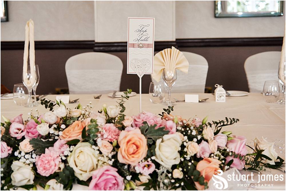 Beautiful decor for the wedding breakfast in the Acton Suite at The Moat House in Acton Trussell by Penkridge Wedding Photographer Stuart James