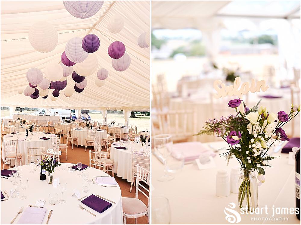 Stunning decor for the wedding breakfast - Marquee Wedding Reception. Photos by Uttoxeter Wedding Photographer Stuart James