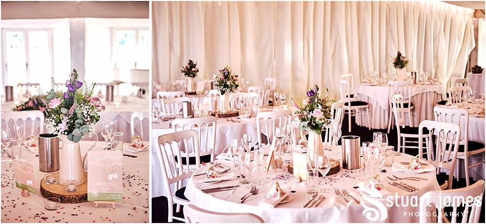 Beautiful attention to detail for the wedding breakfast in the marquee at Moxhull Hall in Sutton Coldfield by Moxhull Hall Wedding Photographer Stuart James