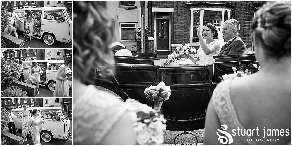 Travelling in style with a horse and carriage arrival for our bride at St Austins Church by Stafford Wedding Photographers Stuart James