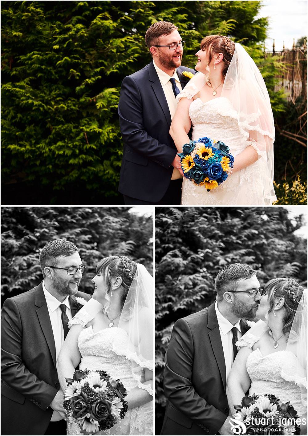 Relaxed portraits of the bride and groom in the beautiful gardens at Oak Farm Hotel in Cannock - Oak Farm Wedding Photographs by Stuart James