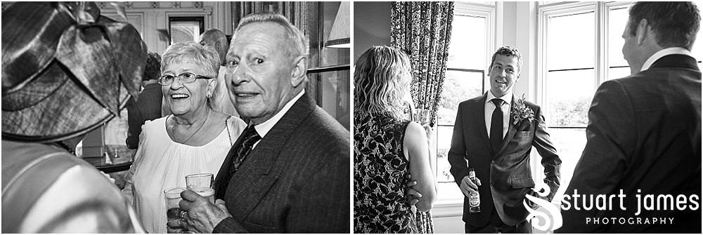 Creative candid photographs of the guests enjoying the drinks reception at Heath House in Tean by Heath House Wedding Photographers Stuart James