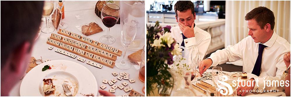 Creative candid photos as the guests relax and enjoy the wedding breakfast in the marquee at Heath House in Tean by Heath House Wedding Photographers Stuart James