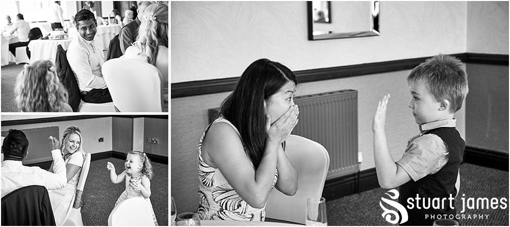 Creative candid photographs as the guests enjoy the wedding breakfast in the acton suite at The Moat House in Stafford - Stafford Registry Office Wedding Photographers Stuart James