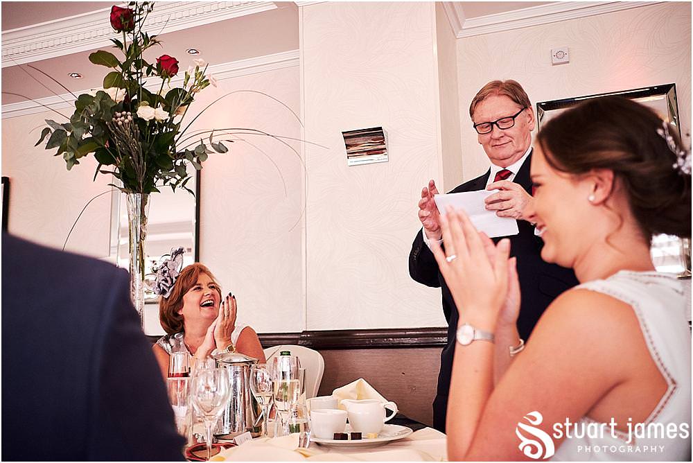 Reportage photographs capturing the speeches and the fabulous guest reactions at The Moat House in Stafford - Stafford Registry Office Wedding Photographers Stuart James